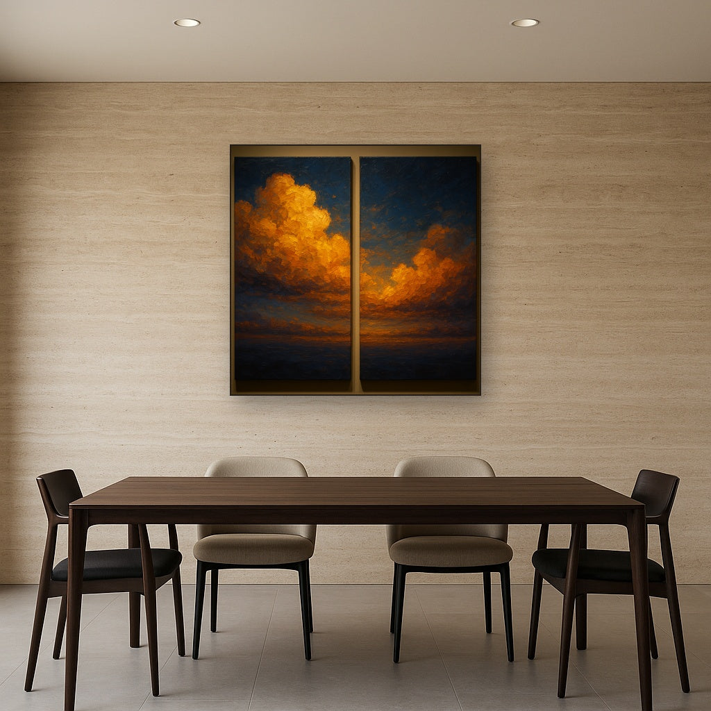 Luminescent Twilight Cloud Diptych No. 2 Oil Painting - Styled in Elegant Dining Room