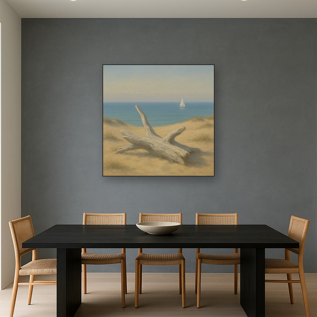 Sun-Bleached Driftwood & Distant Sailboat No. 10 Oil Painting Staged Above Dining Room Credenza, Elegant Hand Painted Oil Art for Dining Room Walls