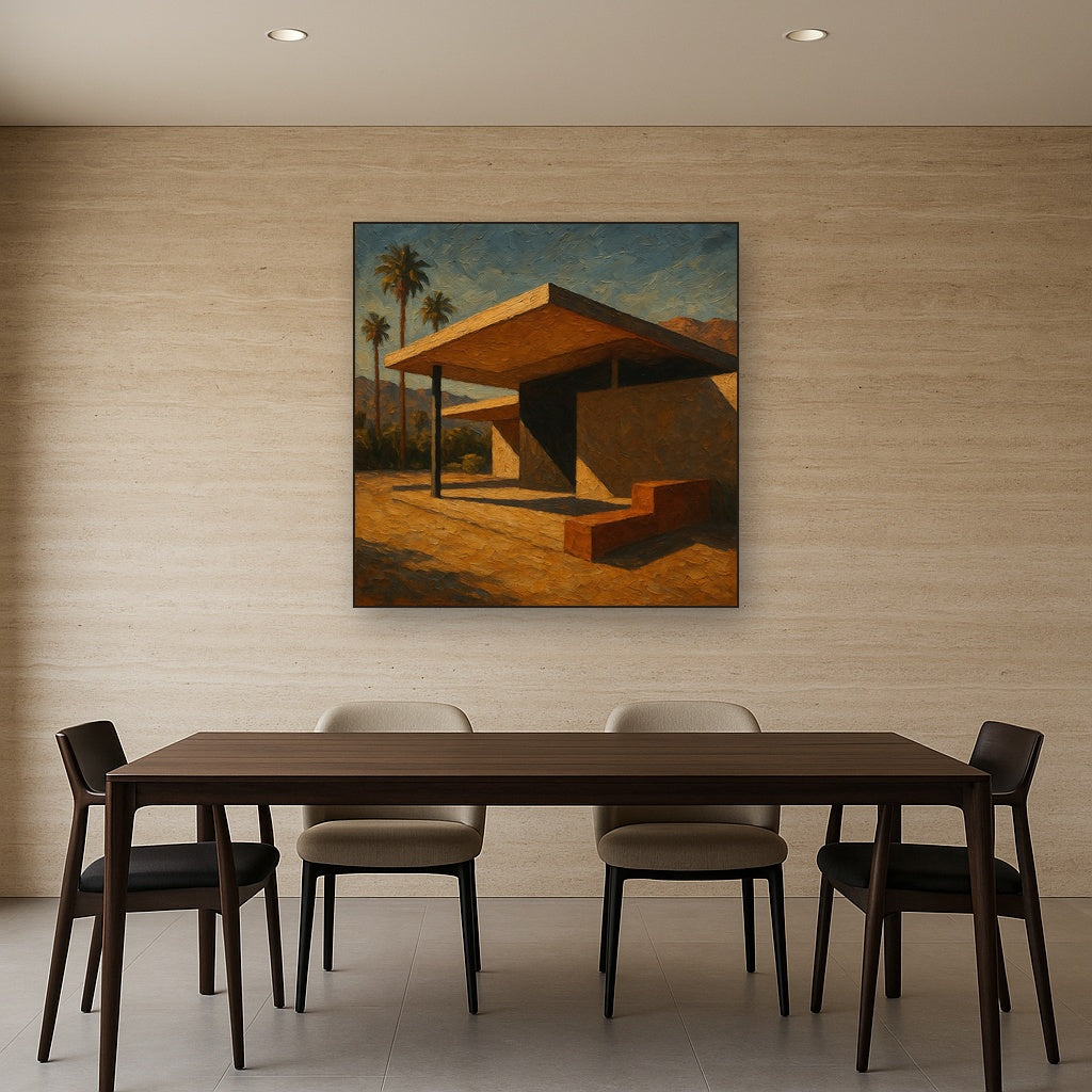 Palm Springs Modernist Pavilion Shadow No. 5 Oil Painting - Styled in Elegant Dining Room