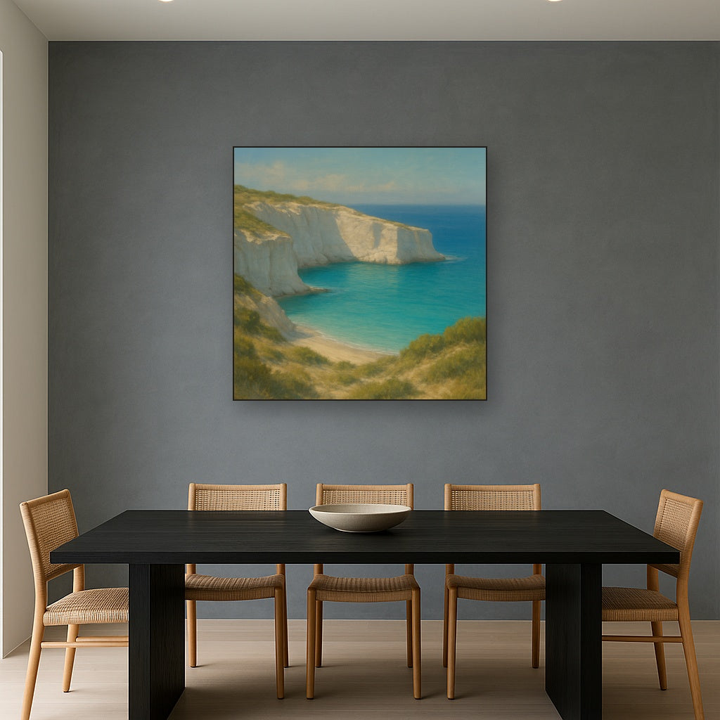 Mediterranean White Cliffs & Turquoise Cove No. 10 Oil Painting Staged Above Dining Room Credenza, Elegant Hand Painted Oil Art for Dining Room Walls