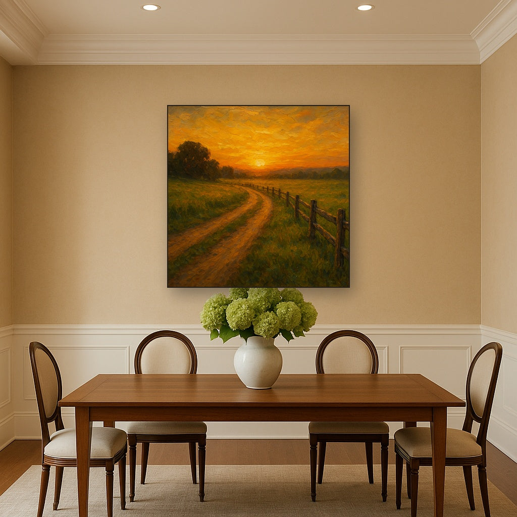 Golden Hour Country Lane & Fence No. 2 Oil Painting - Styled in Elegant Dining Room