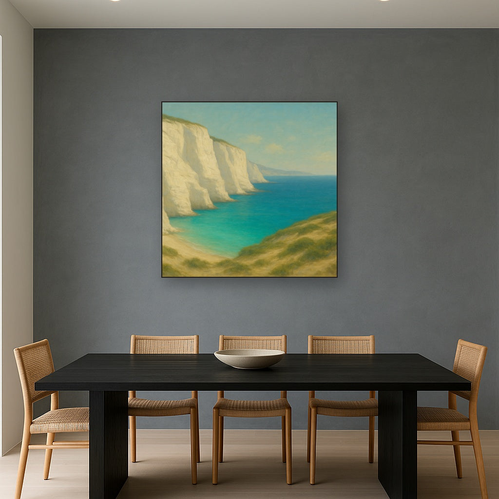 Mediterranean White Cliffs & Turquoise Cove No. 12 Oil Painting Staged Above Dining Room Credenza, Elegant Hand Painted Oil Art for Dining Room Walls