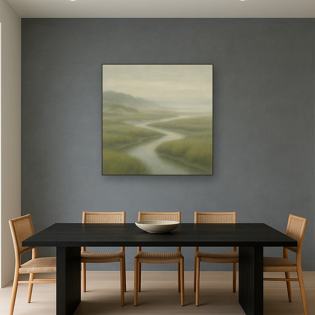 Morning Fog over Cape Cod Tidal Marsh No. 13 Oil Painting Staged Above Dining Room Credenza, Elegant Hand Painted Oil Art for Dining Room Walls