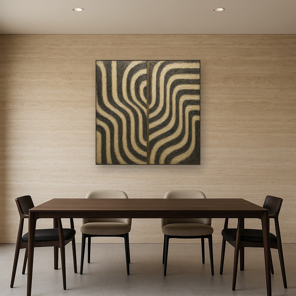 Monochrome Linear Rhythm Diptych No. 2 Oil Painting - Styled in Elegant Dining Room
