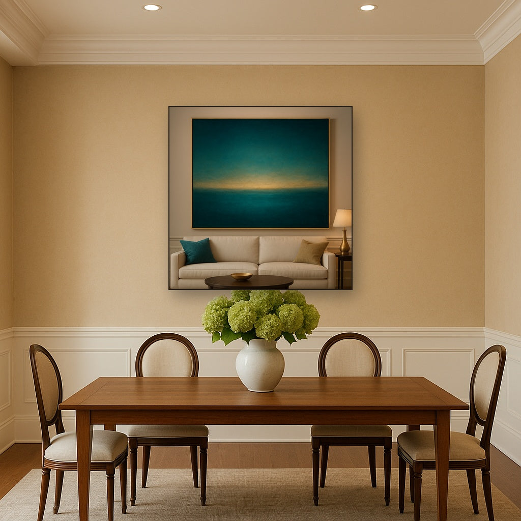 Peacock Teal & Champagne Gold Horizon No. 10 Oil Painting - View 4
