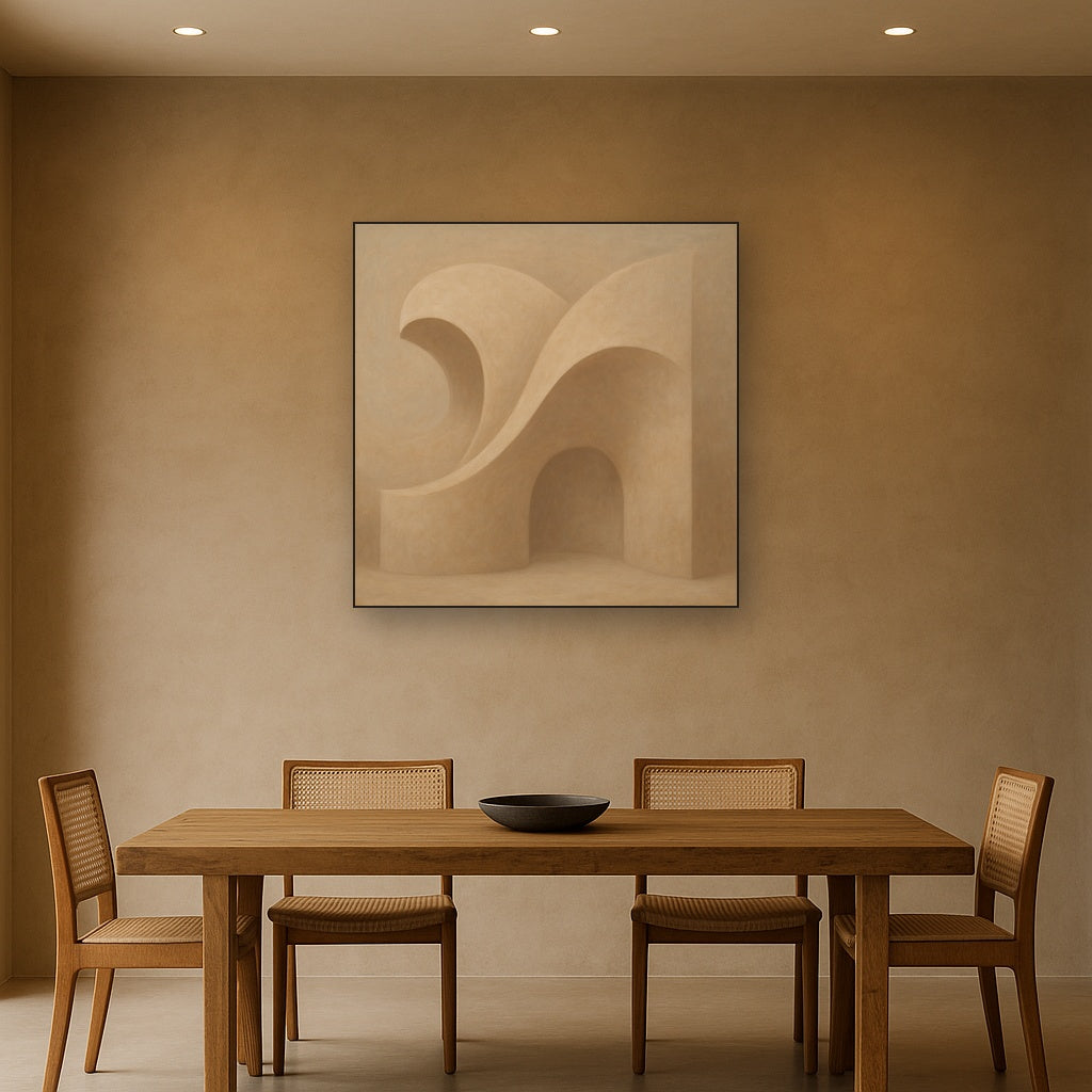 Soft Architectural Curve in Desert Bone No. 14 Oil Painting Staged Above Dining Room Credenza, Elegant Hand Painted Oil Art for Dining Room Walls