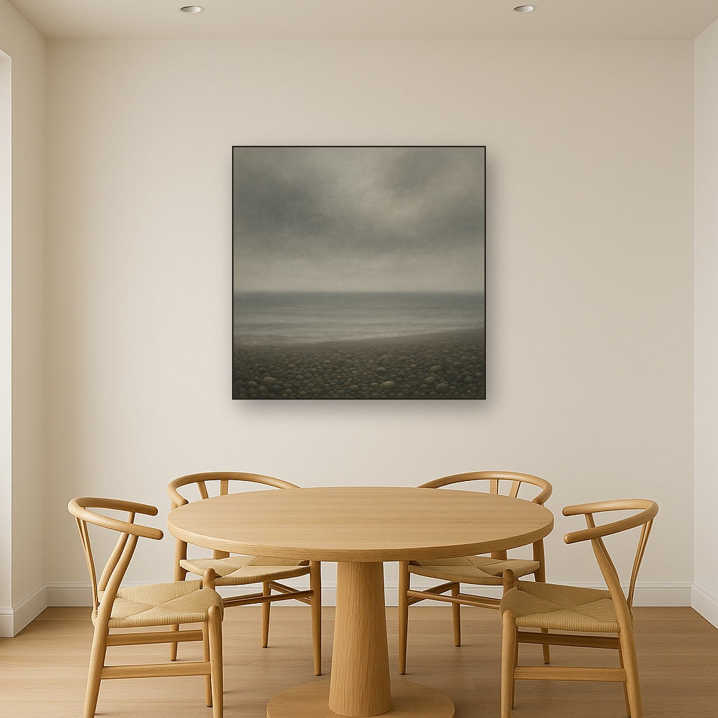 Overcast Coastal Fog & Wet Pebble Shingle No. 23 Oil Painting Staged Above Dining Room Credenza, Elegant Hand Painted Oil Art for Dining Room Walls