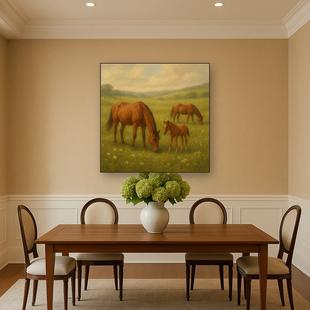 Mares & Foals Grazing in Rolling Meadow No. 5 Oil Painting Staged Above Dining Room Credenza, Elegant Hand Painted Oil Art for Dining Room Walls