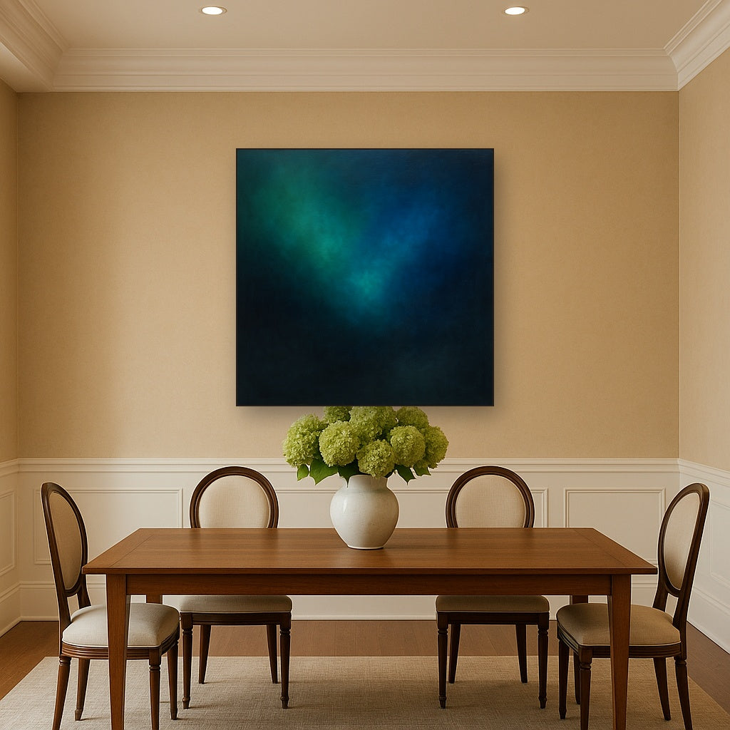 Emerald & Midnight Sapphire Sfumato Immersion No. 15 Oil Painting Staged Above Dining Room Credenza, Elegant Hand Painted Oil Art for Dining Room Walls