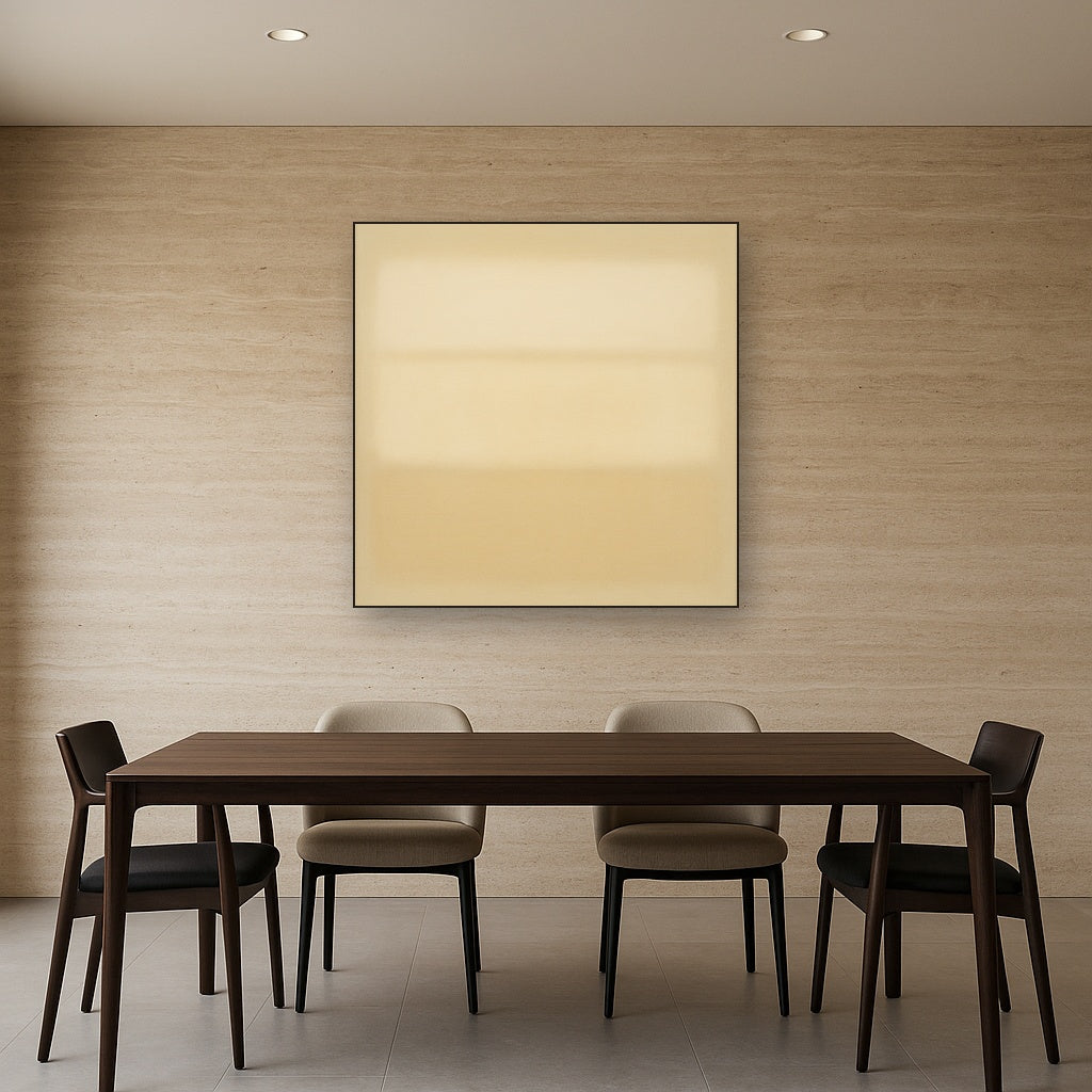 Oatmeal White & Pale Alabaster Monochrome Study No. 15 Oil Painting Staged Above Dining Room Credenza, Elegant Hand Painted Oil Art for Dining Room Walls