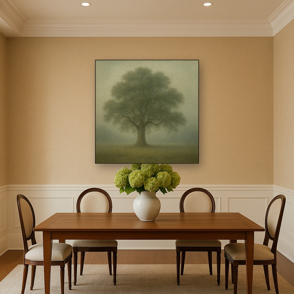 Ancient Solitary Oak in Morning Fog No. 2 Oil Painting Staged Above Dining Room Credenza, Elegant Hand Painted Oil Art for Dining Room Walls
