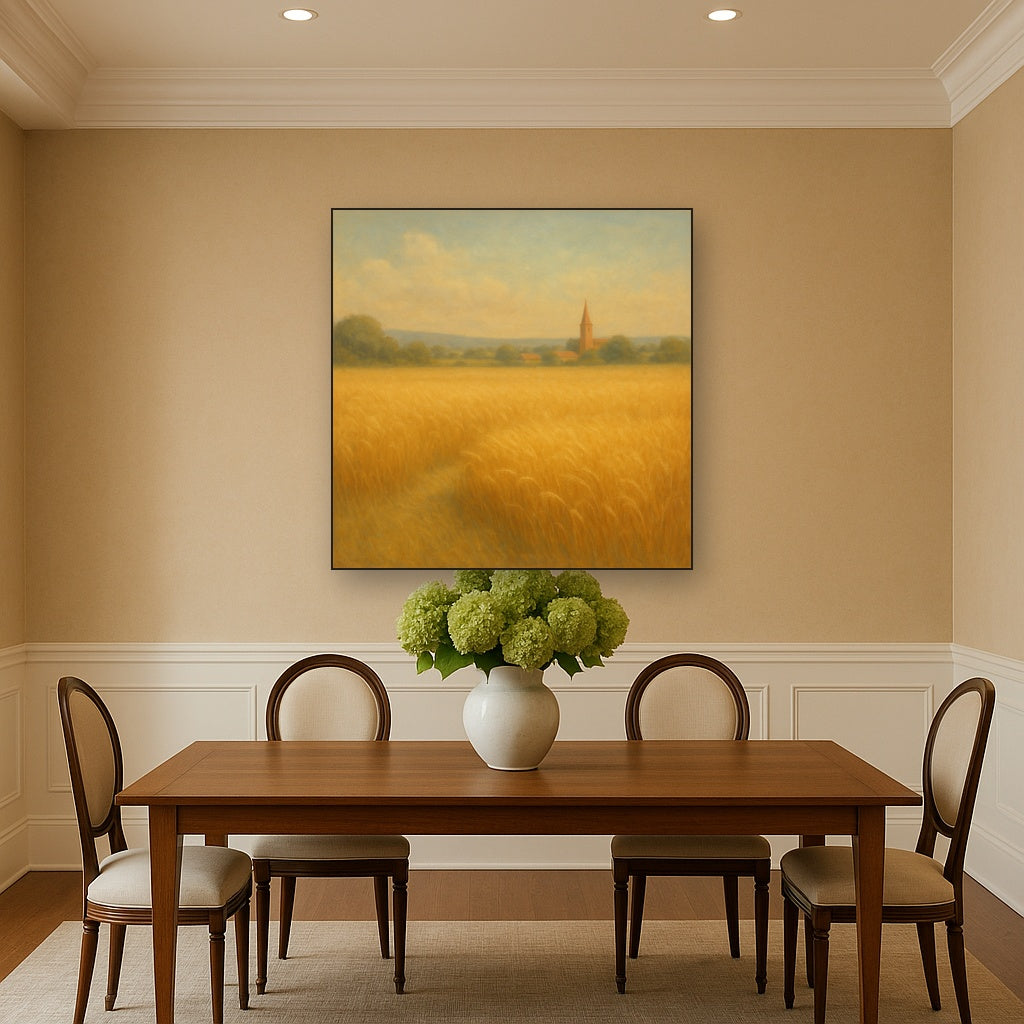 Sun-Drenched Wheatfield & Distant Village No. 8 Oil Painting Staged Above Dining Room Credenza, Elegant Hand Painted Oil Art for Dining Room Walls
