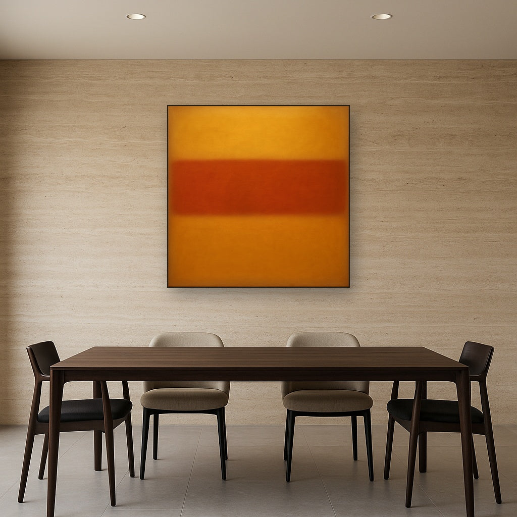 Luminous Ochre & Terracotta Horizon Color Field No. 26 Oil Painting Staged Above Dining Room Credenza, Elegant Hand Painted Oil Art for Dining Room Walls