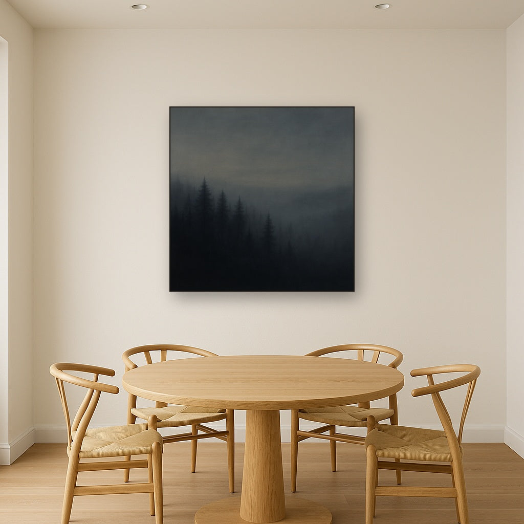 Dusk over Silent Pine Ridgeline in Charcoal Fog No. 8 Oil Painting Staged Above Dining Room Credenza, Elegant Hand Painted Oil Art for Dining Room Walls