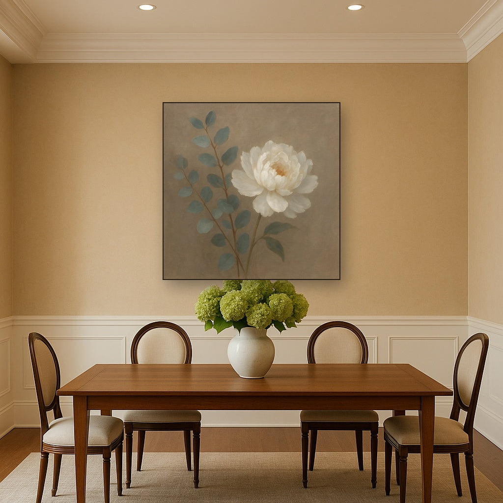 Eucalyptus & White Peony Minimalist Flora No. 11 Fine Art Oil Painting - View 4