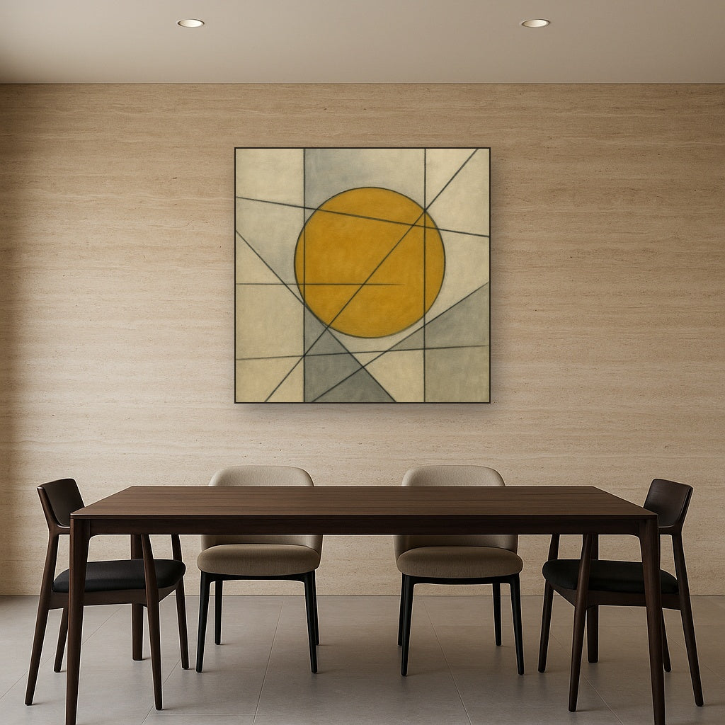 Abstract Tangent Lines & Earthy Ochre Disc No. 25 Oil Painting - View 4