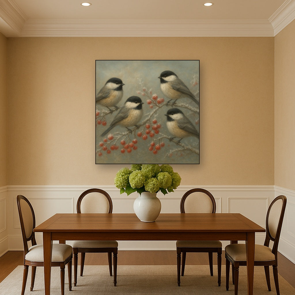 Winter Birds on Frosty Red Berry Branch No. 4 Oil Painting - View 4