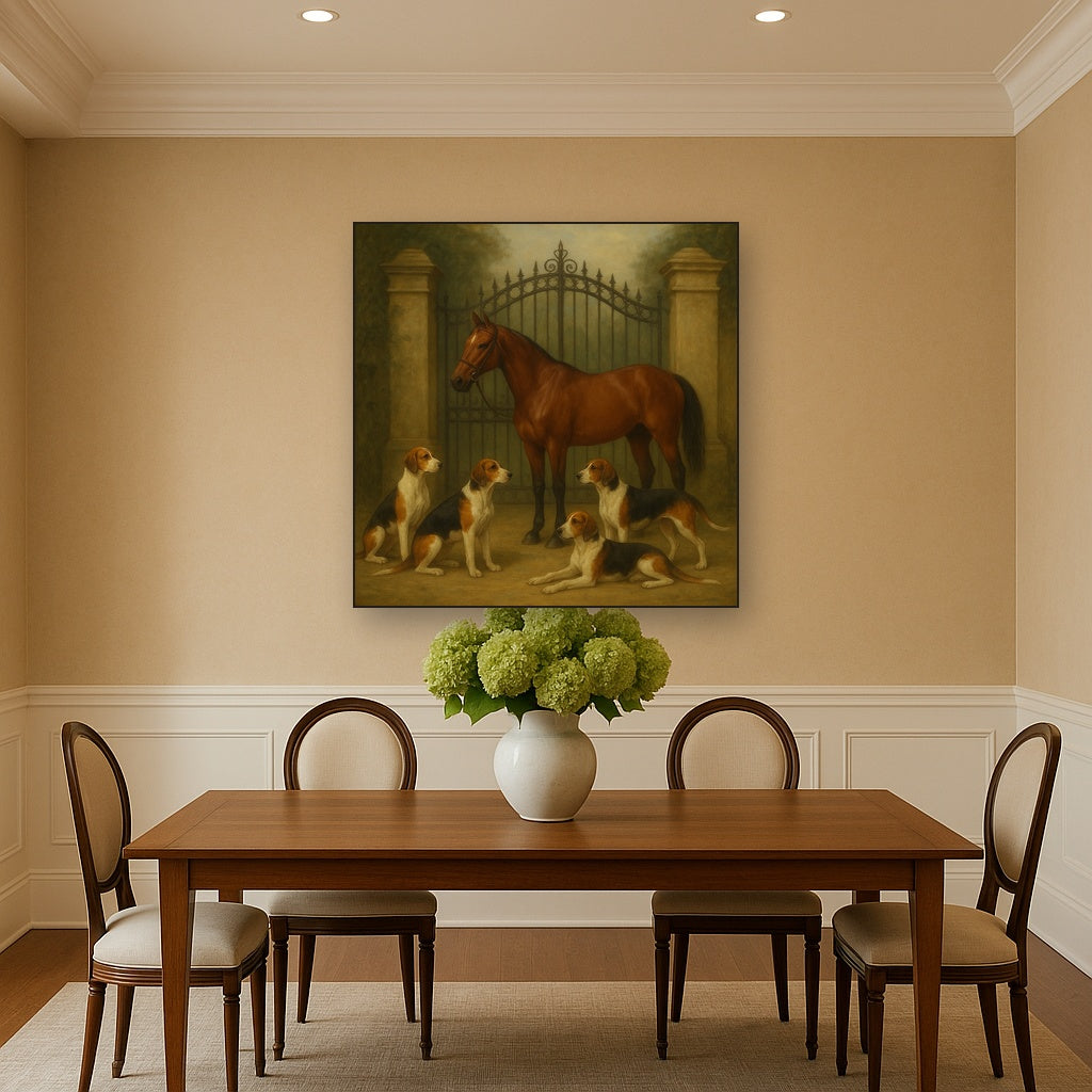 Hunting Hounds & Thoroughbred by Estate Gate No. 6 Oil Painting Staged Above Dining Room Credenza, Elegant Hand Painted Oil Art for Dining Room Walls