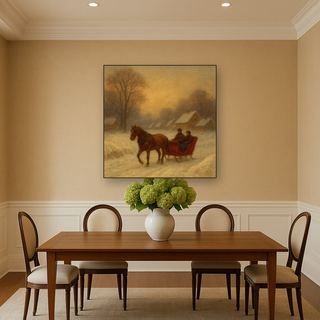 Horse-Drawn Sleigh on Village Snow Road No. 7 Oil Painting - View 4