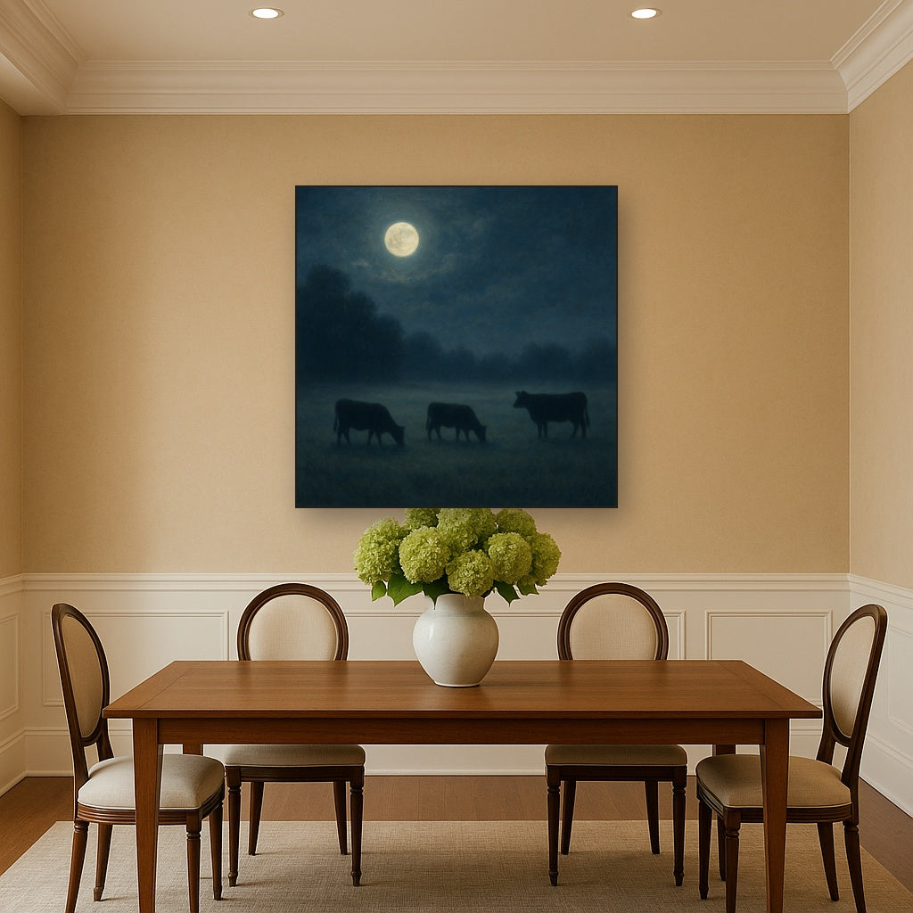 Moonlit Pastoral Meadow & Cattle Silhouettes Oil Painting - View 4