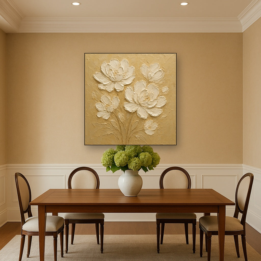 Sculptural White Flora Textured Impasto Oil Painting - Styled in Elegant Dining Room