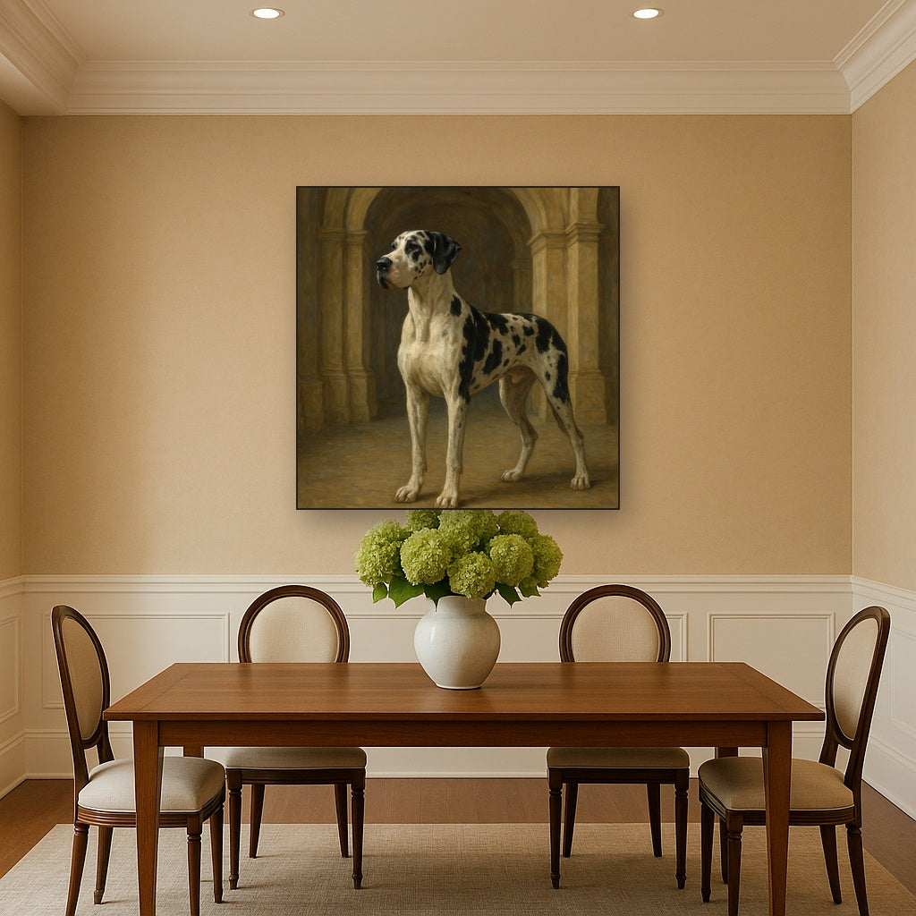 Regal Great Dane in Grand Architectural Hall Fine Art Oil Painting - View 4