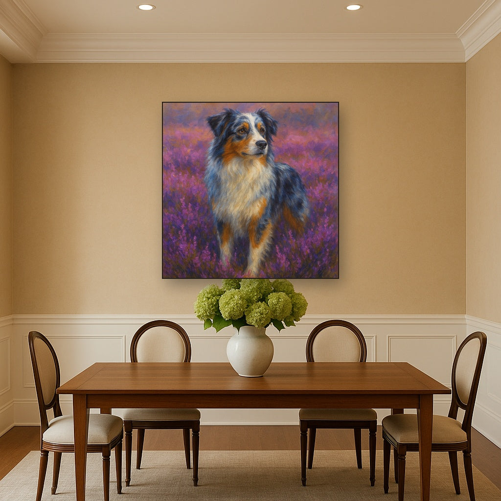 Australian Shepherd in Blooming Heather Field No. 11 Fine Art Oil Painting - View 4