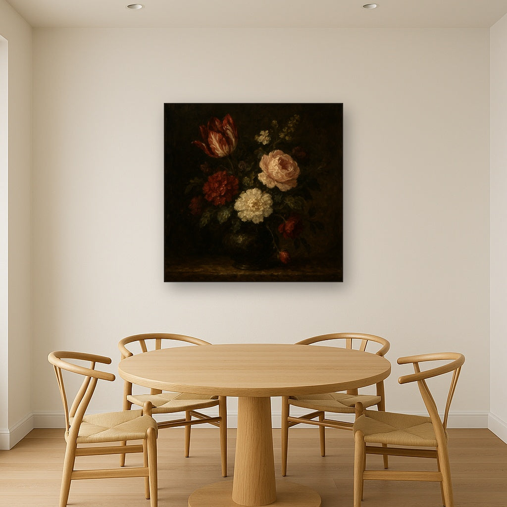Dutch Golden Age Moody Floral Still Life Oil Painting - Styled in Elegant Dining Room