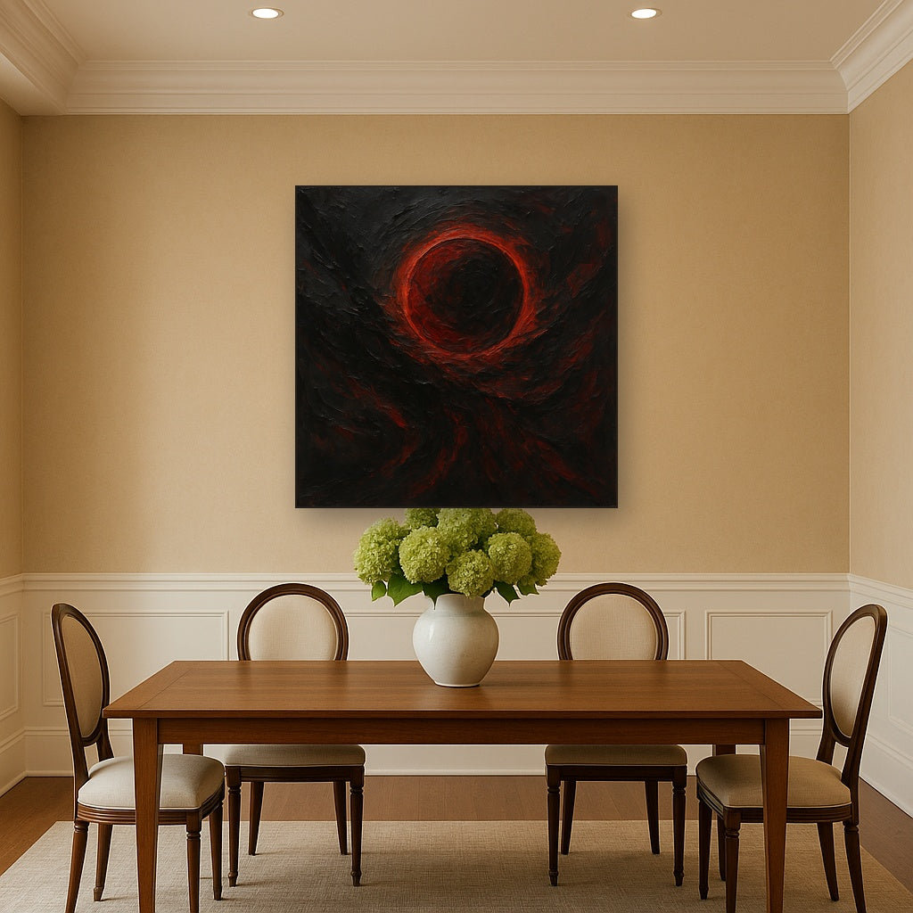 Midnight Onyx & Crimson Eclipse Oil Painting - Styled in Elegant Dining Room