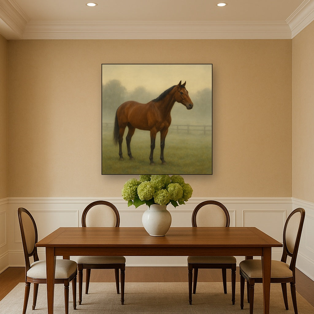 Thoroughbred in Morning Pasture Mist No. 11 Oil Painting - View 4