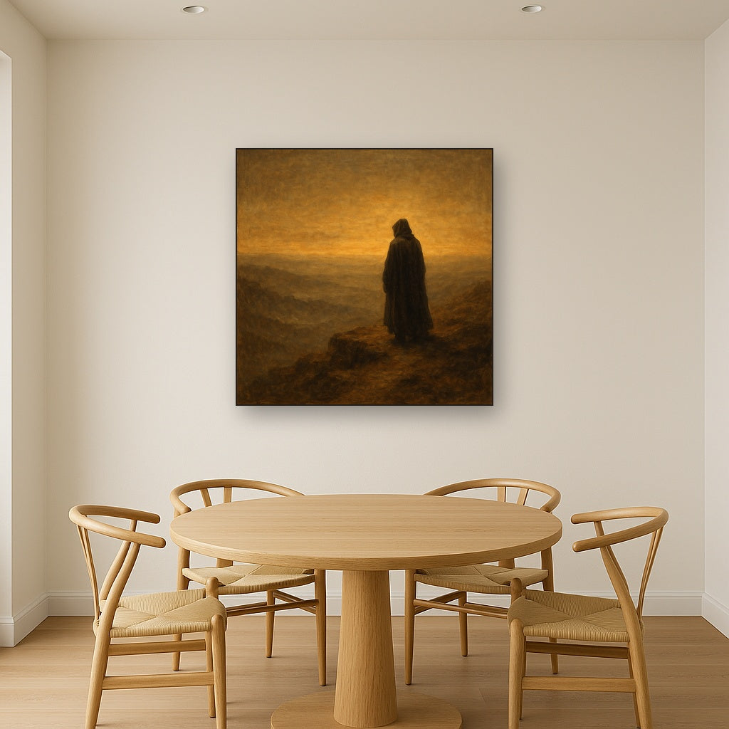 Solitary Wanderer Horizon Figurative Oil Painting - Styled in Elegant Dining Room