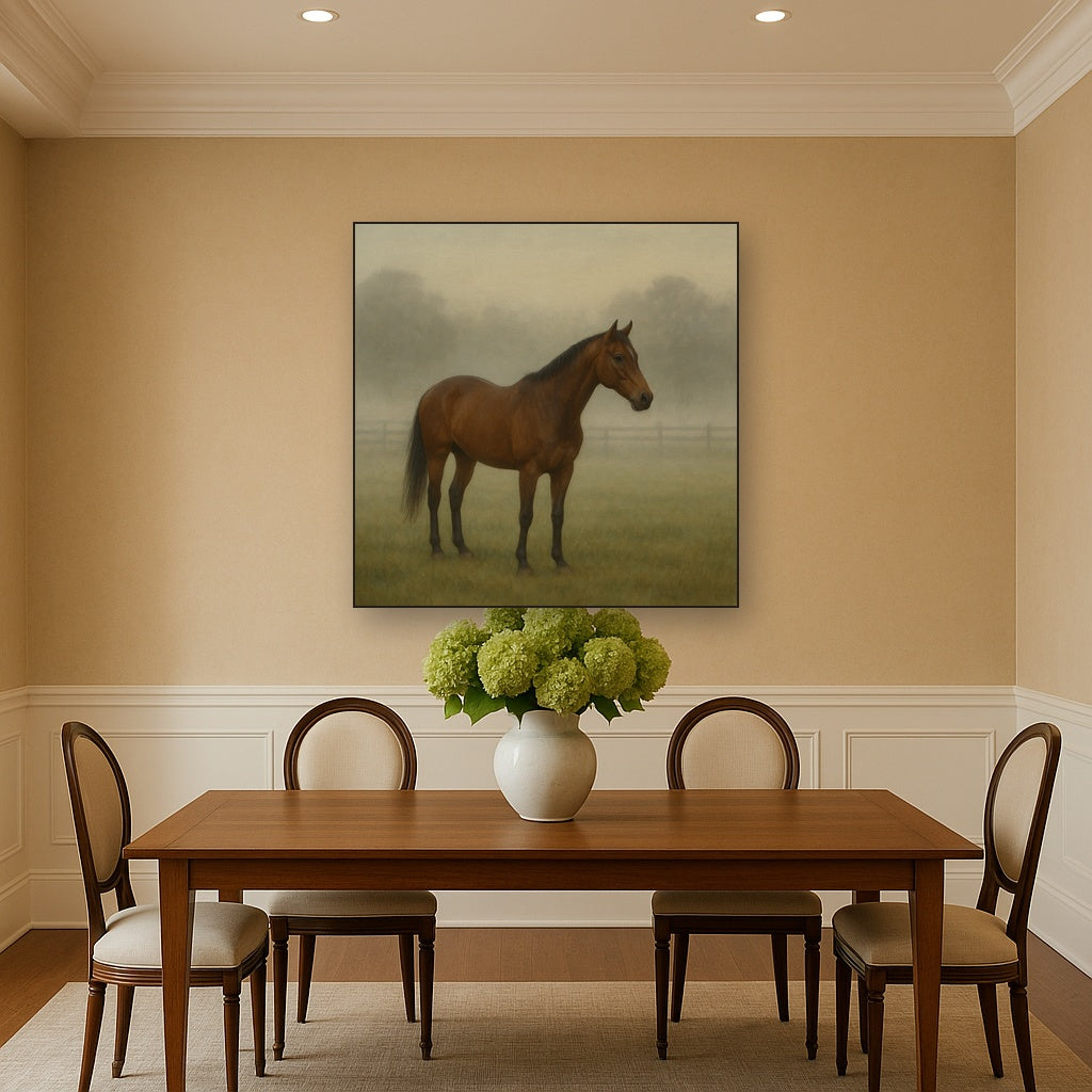 Thoroughbred in Morning Pasture Mist No. 16 Oil Painting - View 4