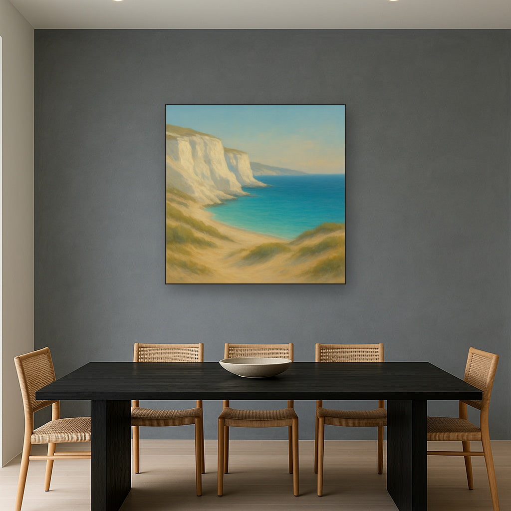 Mediterranean White Cliffs & Turquoise Cove No. 15 Oil Painting Staged Above Dining Room Credenza, Elegant Hand Painted Oil Art for Dining Room Walls