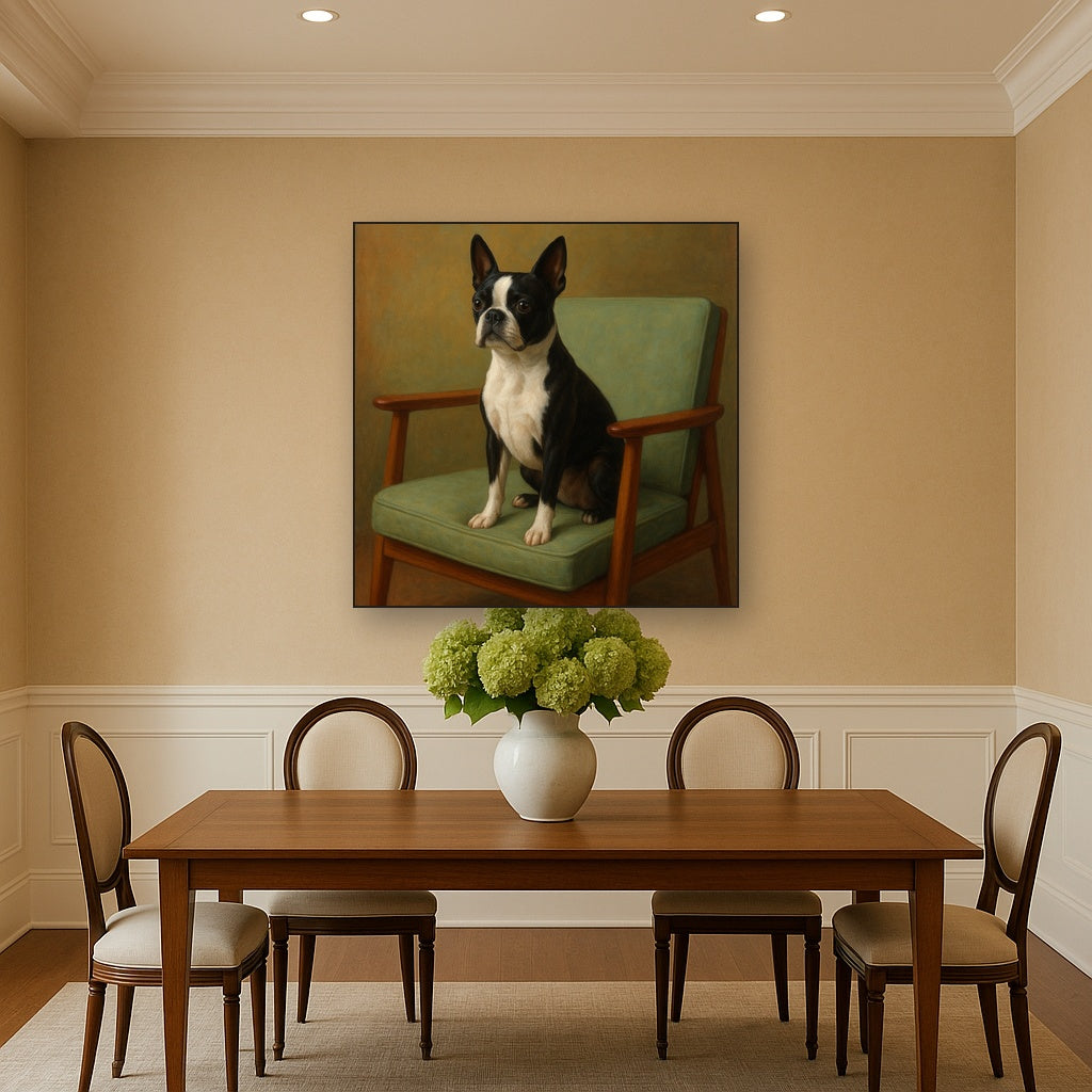 Boston Terrier in Warm Mid-Century Armchair No. 2 Fine Art Oil Painting - View 4