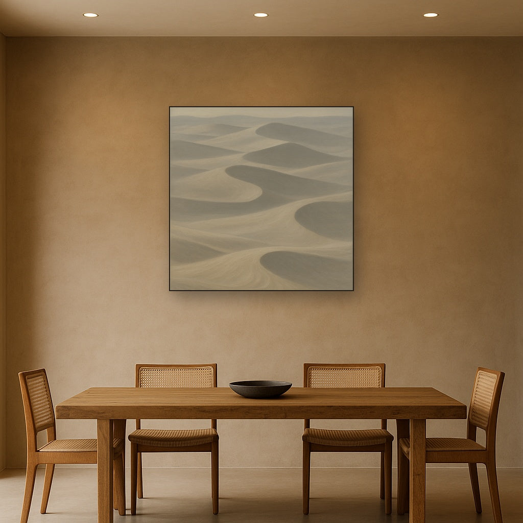 Monochrome Sand Dune Contours & Pale Slate No. 18 Oil Painting Staged Above Dining Room Credenza, Elegant Hand Painted Oil Art for Dining Room Walls