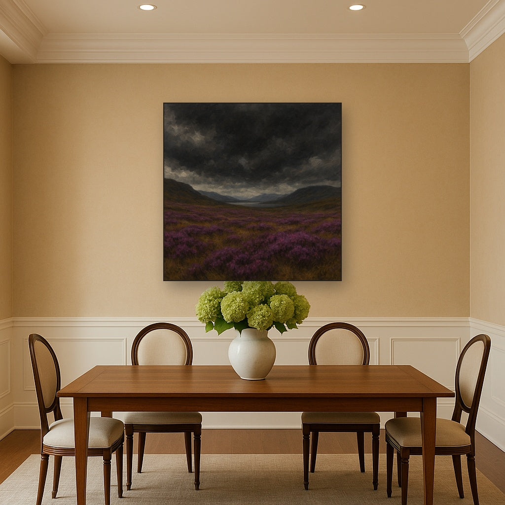 Scottish Highlands Moorland Landscape Oil Painting - Styled in Elegant Dining Room