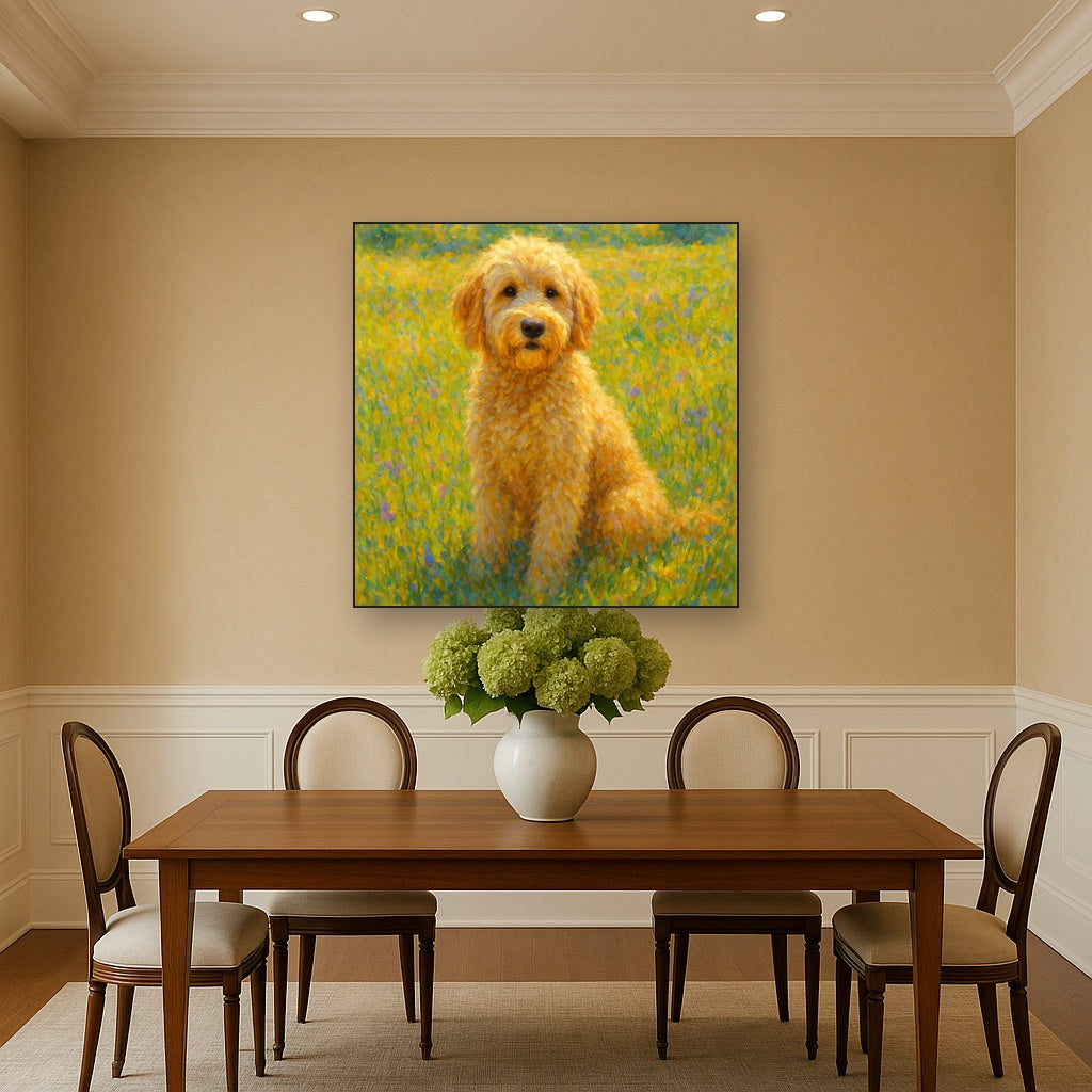Fluffy Goldendoodle in Sun-Drenched Meadow No. 3 Fine Art Oil Painting - View 4