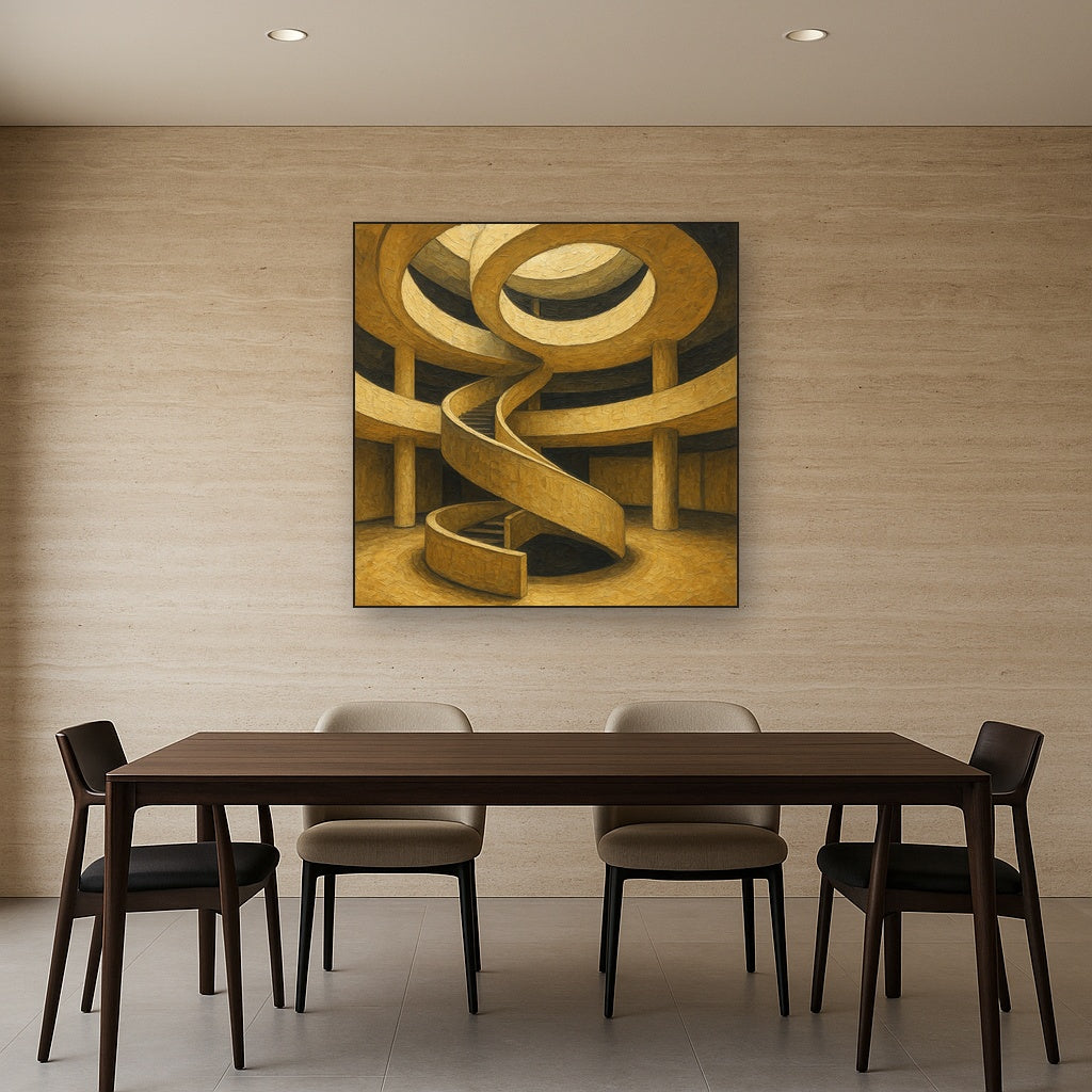Travertine Spiral Atrium Perspective No. 7 Oil Painting - Styled in Elegant Dining Room