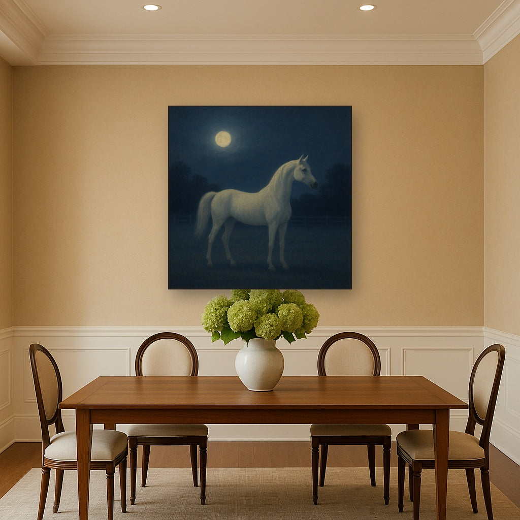 Moonlit Paddock with White Arabian Silhouette No. 2 Oil Painting - View 4