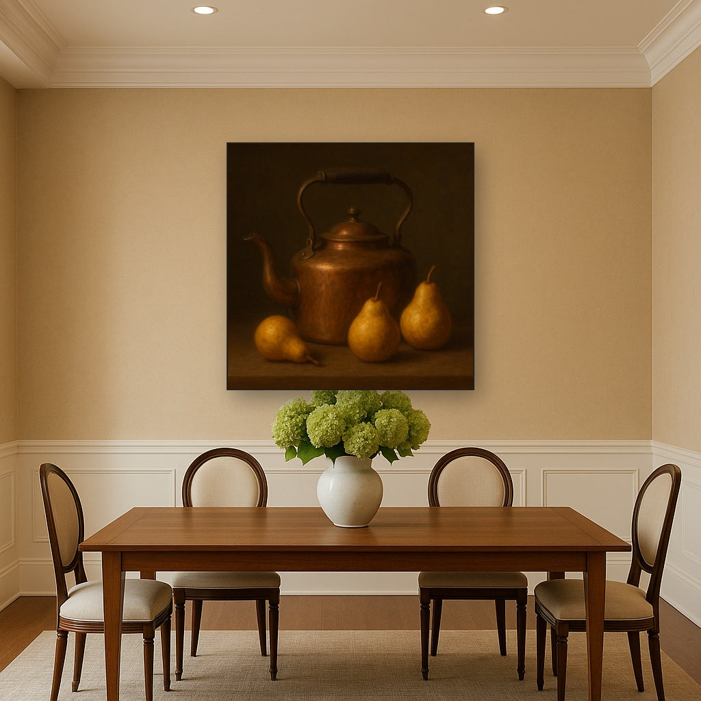 Antique Copper Kettle & Orchard Pears No. 3 Oil Painting Staged Above Dining Room Credenza, Elegant Hand Painted Oil Art for Dining Room Walls