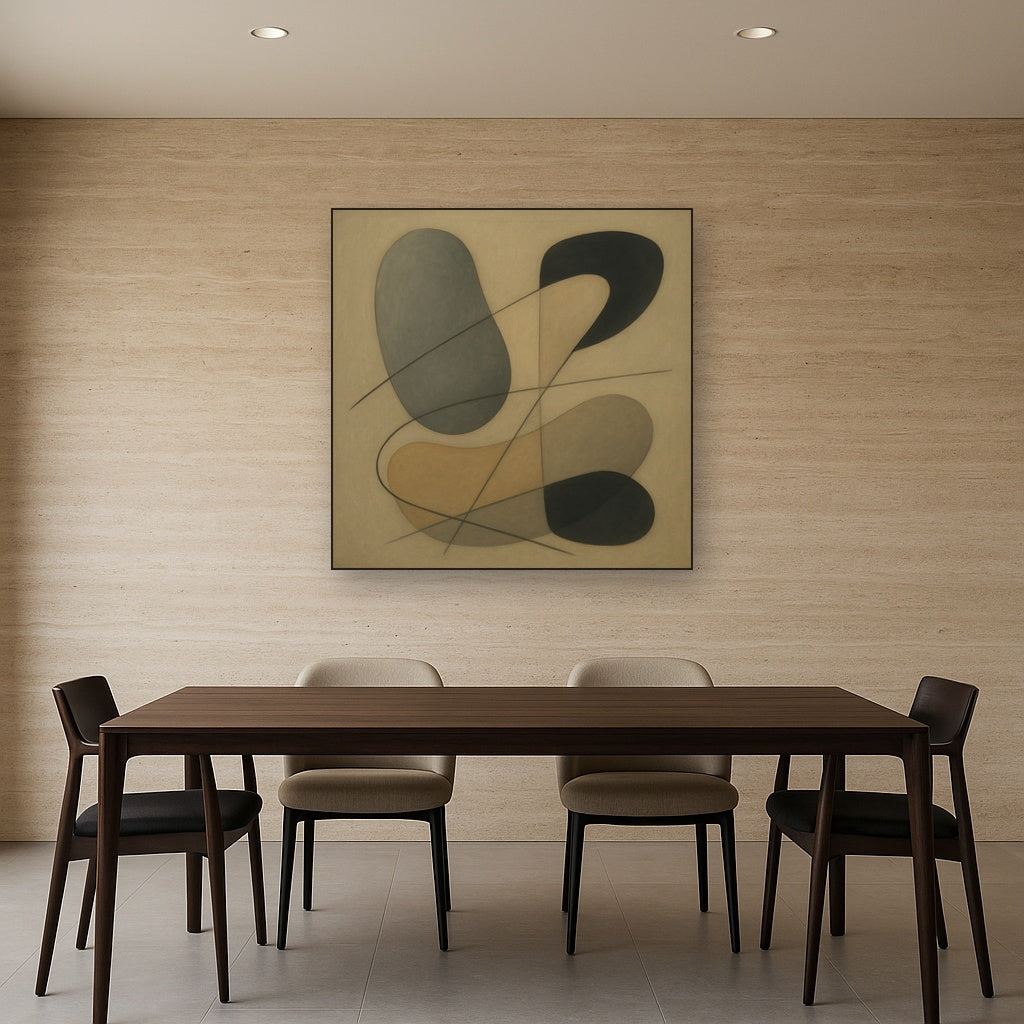 Organic Pebble Contours & Slanted Lines No. 4 Oil Painting Staged Above Dining Room Credenza, Elegant Hand Painted Oil Art for Dining Room Walls