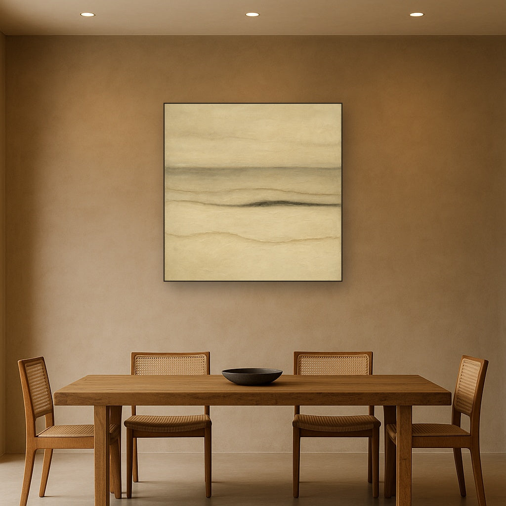 Raw Limestone Horizon & Washed Linen No. 19 Oil Painting Staged Above Dining Room Credenza, Elegant Hand Painted Oil Art for Dining Room Walls