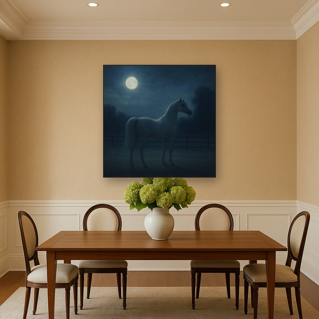 Moonlit Paddock with White Arabian Silhouette No. 18 Oil Painting Staged Above Dining Room Credenza, Elegant Hand Painted Oil Art for Dining Room Walls