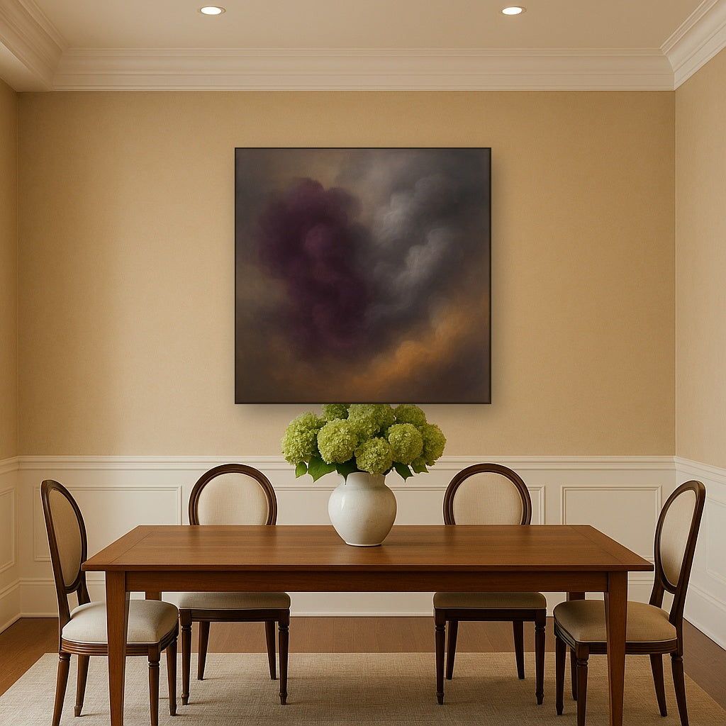 Gilded Plum & Soft Smoke Cloud Harmony No. 16 Oil Painting Staged Above Dining Room Credenza, Elegant Hand Painted Oil Art for Dining Room Walls