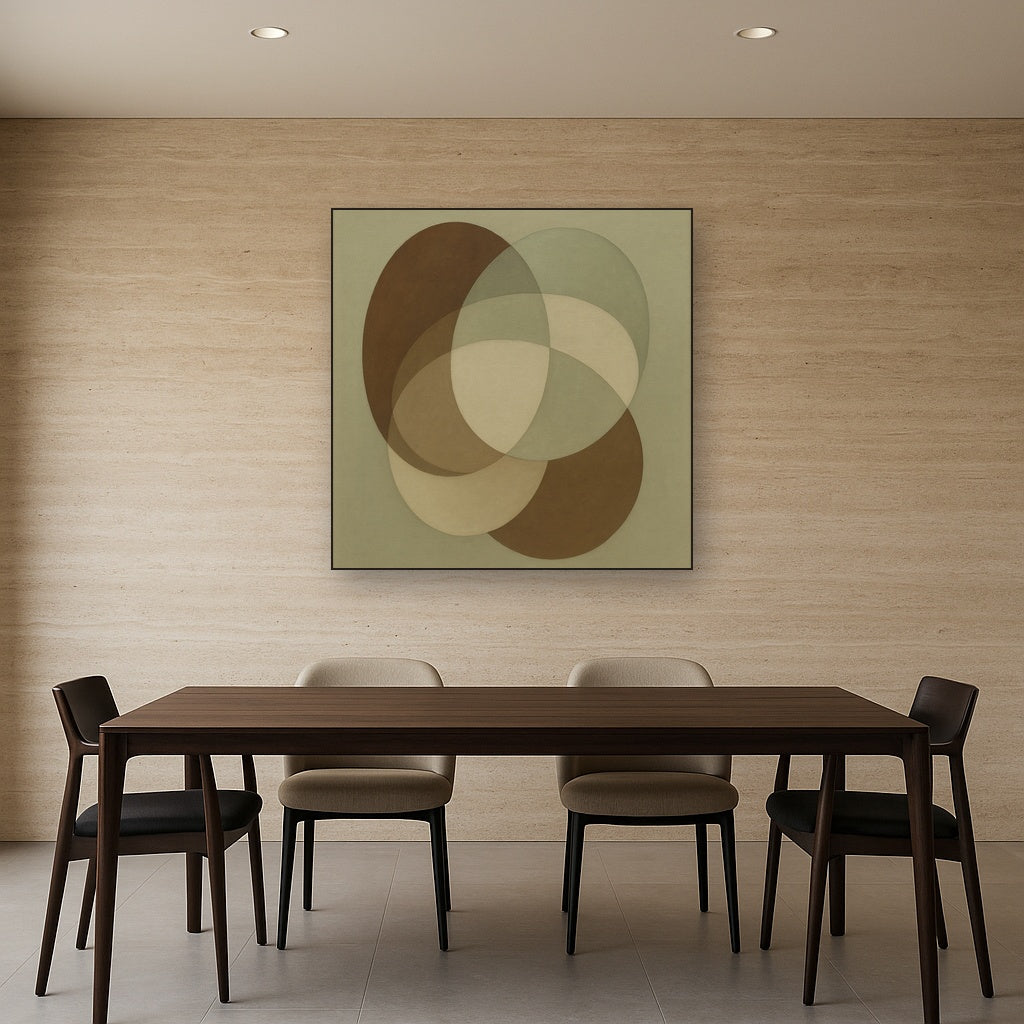 Floating Ellipse Harmony in Walnut & Pale Sage No. 4 Oil Painting Staged Above Dining Room Credenza, Elegant Hand Painted Oil Art for Dining Room Walls