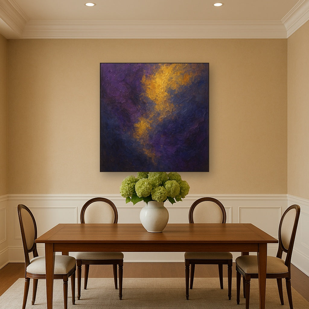 Amethyst Shadow & Celestial Gold No. 5 Oil Painting - Styled in Elegant Dining Room