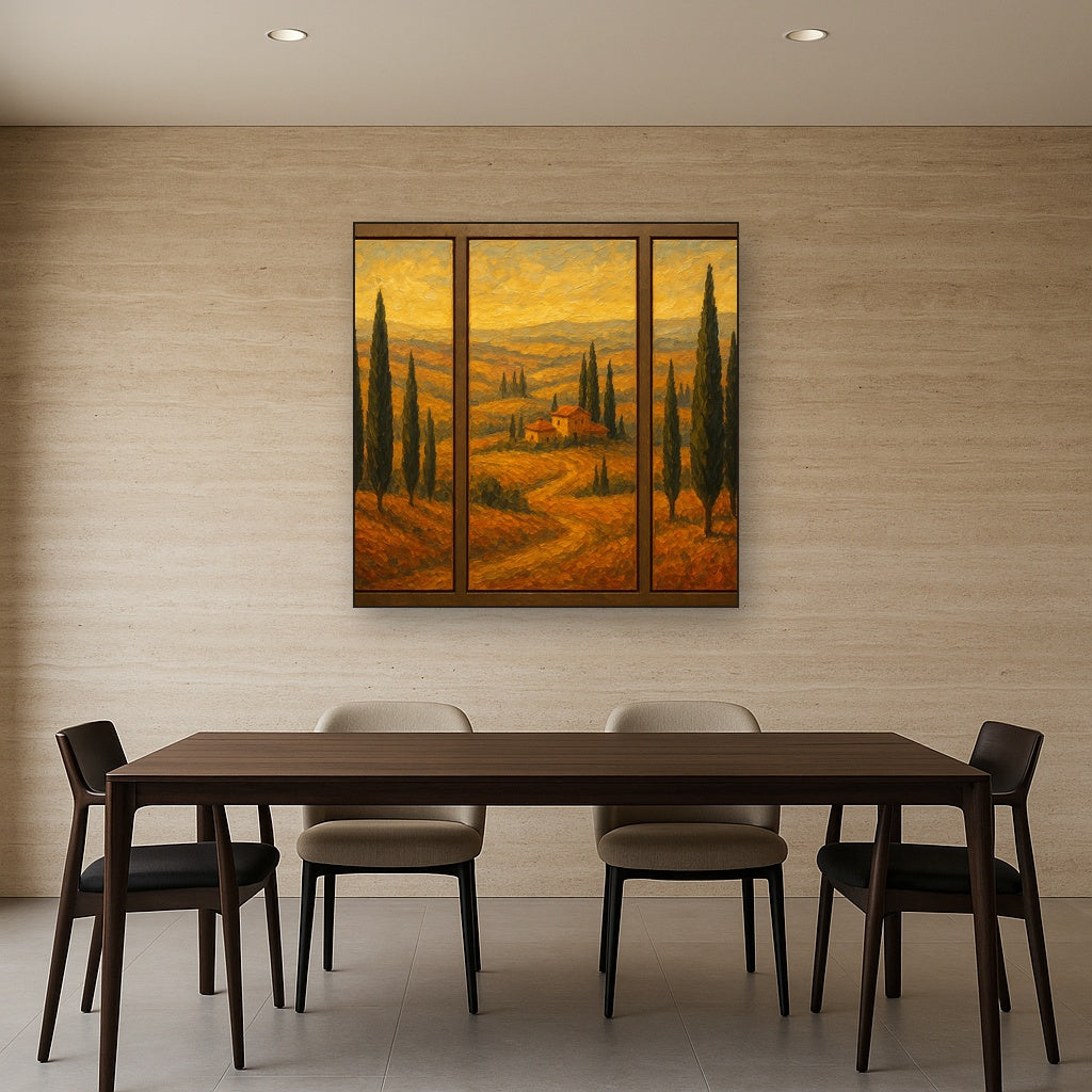 Tuscan Cypress Panorama Triptych No. 2 Oil Painting - Styled in Elegant Dining Room