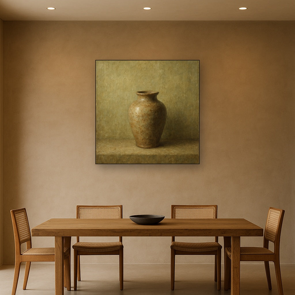 Earthen Ceramic Vessel Minimalist Oil Painting - Styled in Elegant Dining Room