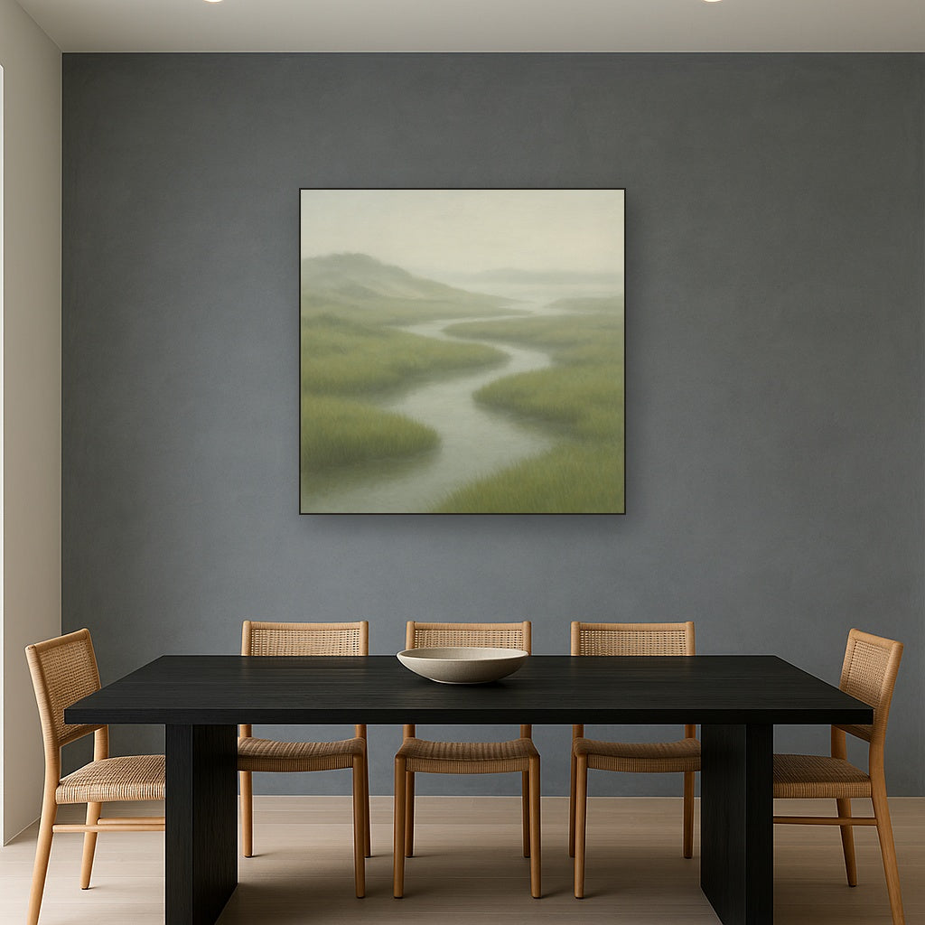 Morning Fog over Cape Cod Tidal Marsh No. 17 Oil Painting Staged Above Dining Room Credenza, Elegant Hand Painted Oil Art for Dining Room Walls