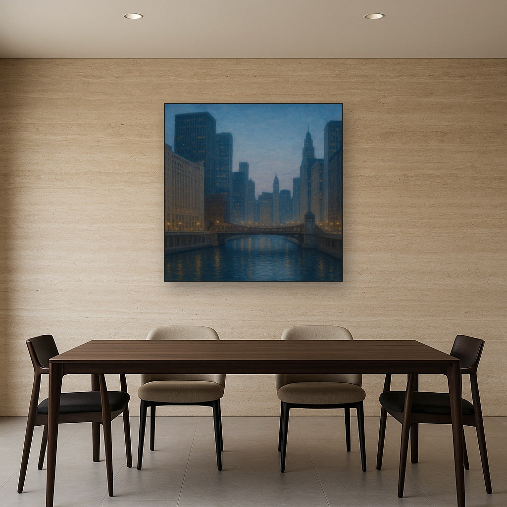 Chicago Riverfront Architecture at Blue Hour No. 23 Oil Painting - View 4